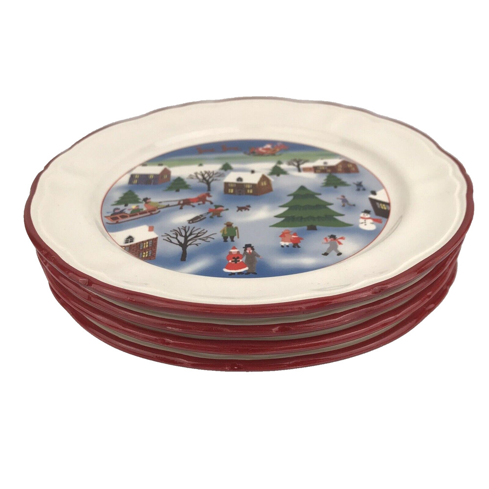 Nantucket Home For Christmas 4 Salad Plates 7.75" Winter Scene Red Scallop Edges
